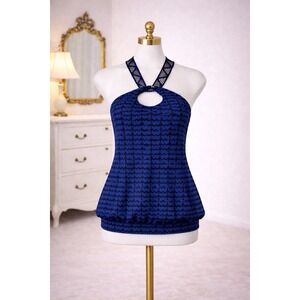 New Lane Bryant Halter Tank Top Keyhole Embellished Backless Chevron Blue 14/16